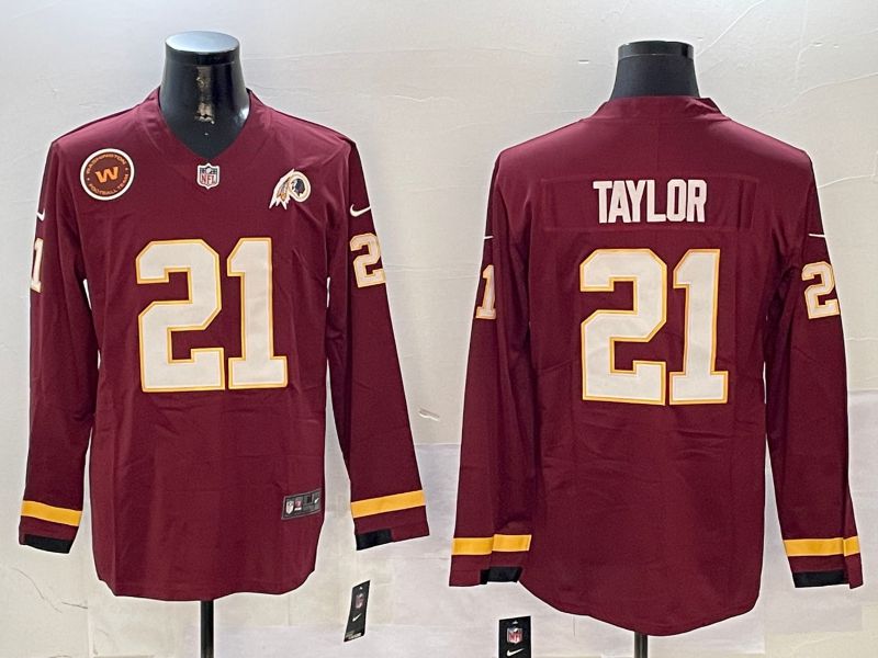 Men Washington Redskins #21 Taylor Red long sleeve 2024 Nike NFL Jersey style 0104